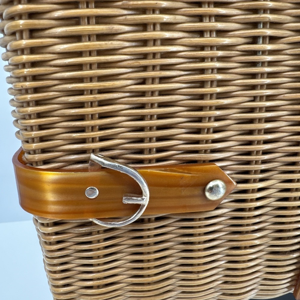 Mid-Century Wicker Like Bag, Hong Kong Woven Handmade w/ Caramel Lucite Handle - Picture 6 of 16